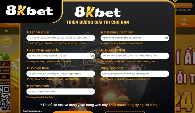 Điền thông tin đăng ký 8KBET và nhấn xác nhận